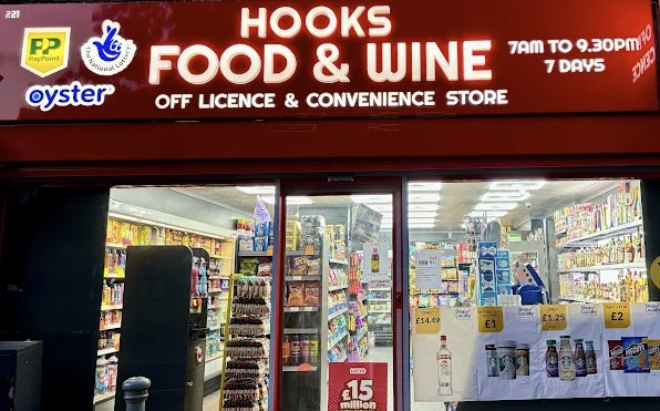 Hooks Food & Wine shopfront at 221 Coulsdon Road, Old Coulsdon. Off licence and convenience store.